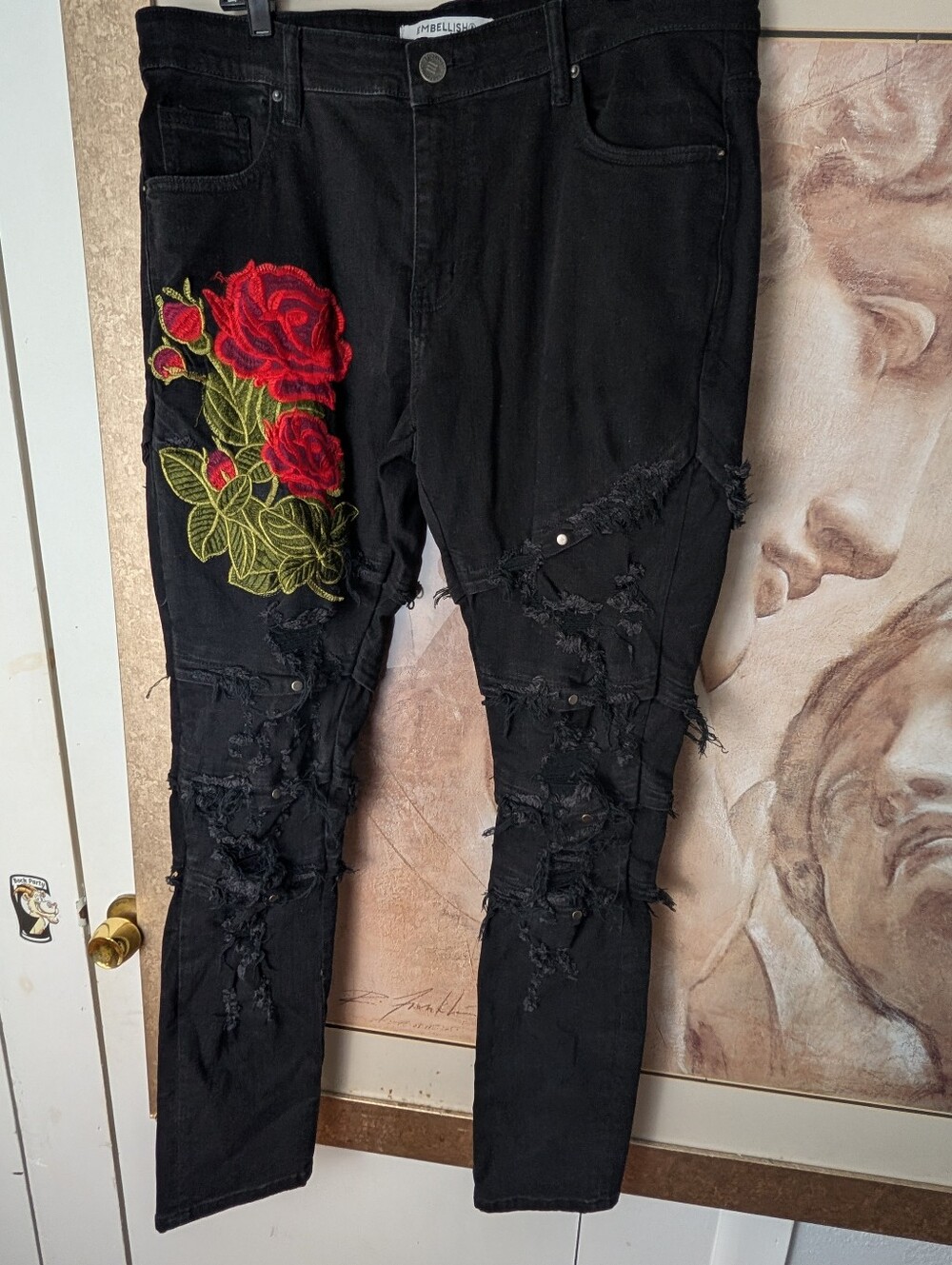 Embellish Black Distressed Jeans with Red Rose Embroidery Size 36